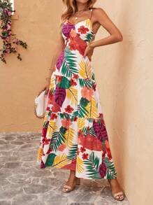 SHEIN VCAY 熱帶圖案荷葉邊吊帶連衣裙 - 彩色 - 查看 5