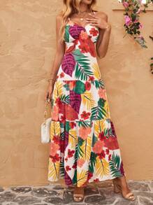 SHEIN VCAY 熱帶圖案荷葉邊吊帶連衣裙 - 彩色 - 查看 6