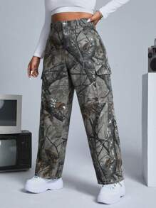 SHEIN ICON 鈕扣 口袋 拉鍊全身印花大碼牛仔褲 - 彩色 - 查看 3