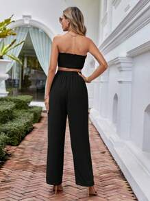 SHEIN VCAY Solid Frill Trim Tube Top & Tie Waist Pants - Black - View 2