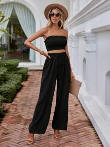 SHEIN VCAY Solid Frill Trim Tube Top & Tie Waist Pants - Black - View 3