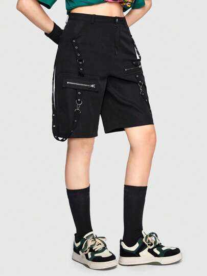 Street Life بنطلون قصير موحدة اللون سستة فتحات حلقي معدني