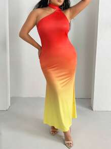 SHEIN SXY 大碼漸層繞頸露背魚尾裙下擺連衣裙 - 橘色 - 查看 2