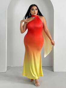 SHEIN SXY 大碼漸層繞頸露背魚尾裙下擺連衣裙 - 橘色 - 查看 3