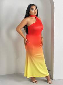 SHEIN SXY 大碼漸層繞頸露背魚尾裙下擺連衣裙 - 橘色 - 查看 4