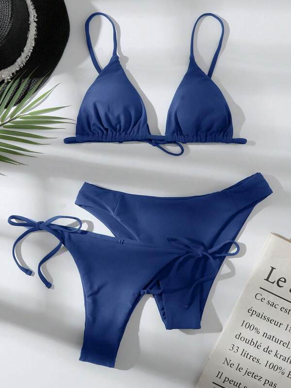 Swim Vcay Solid Triangle Tie Side Bikini Set With Beach Bottom,Summer Beach