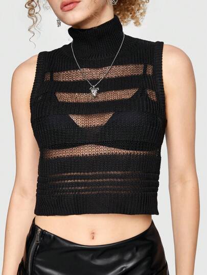Grunge Punk Sheer High Neck Knit Top