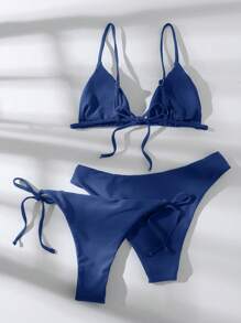 Swim Vcay Solid Triangle Tie Side Bikini Set With Beach Bottom,Summer Beach - Navy Blue - View 2