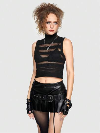 Grunge Punk Sheer High Neck Knit Top