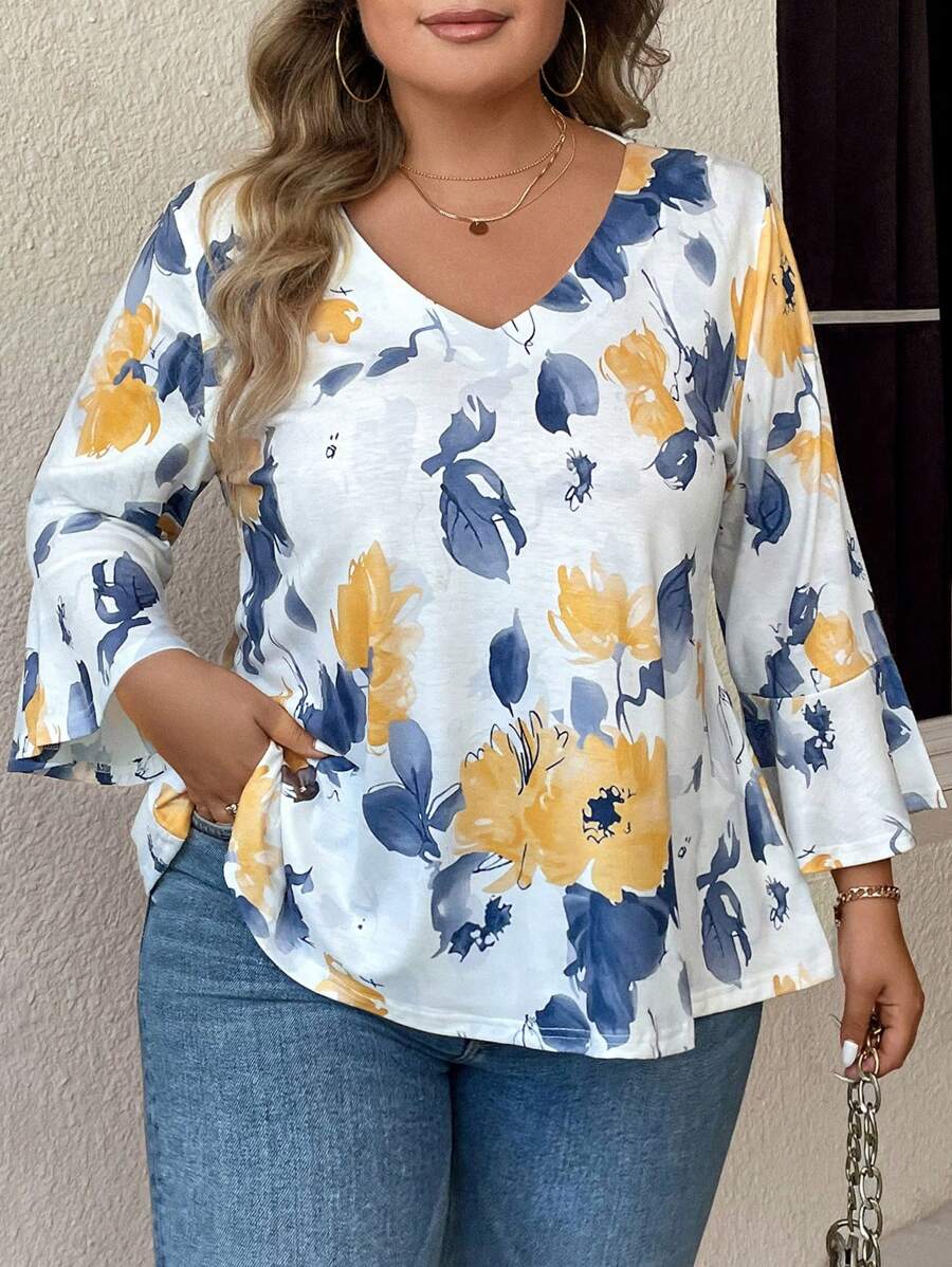 EMERY ROSE 大碼印花喇叭袖T恤 - 彩色 - 查看 1