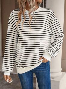SHEIN LUNE 條紋印花落肩袖運動衫 - 杏色 - 查看 1