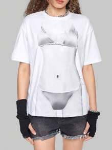 ROMWE Street Life Body Print Drop Shoulder Tee - White - View 2