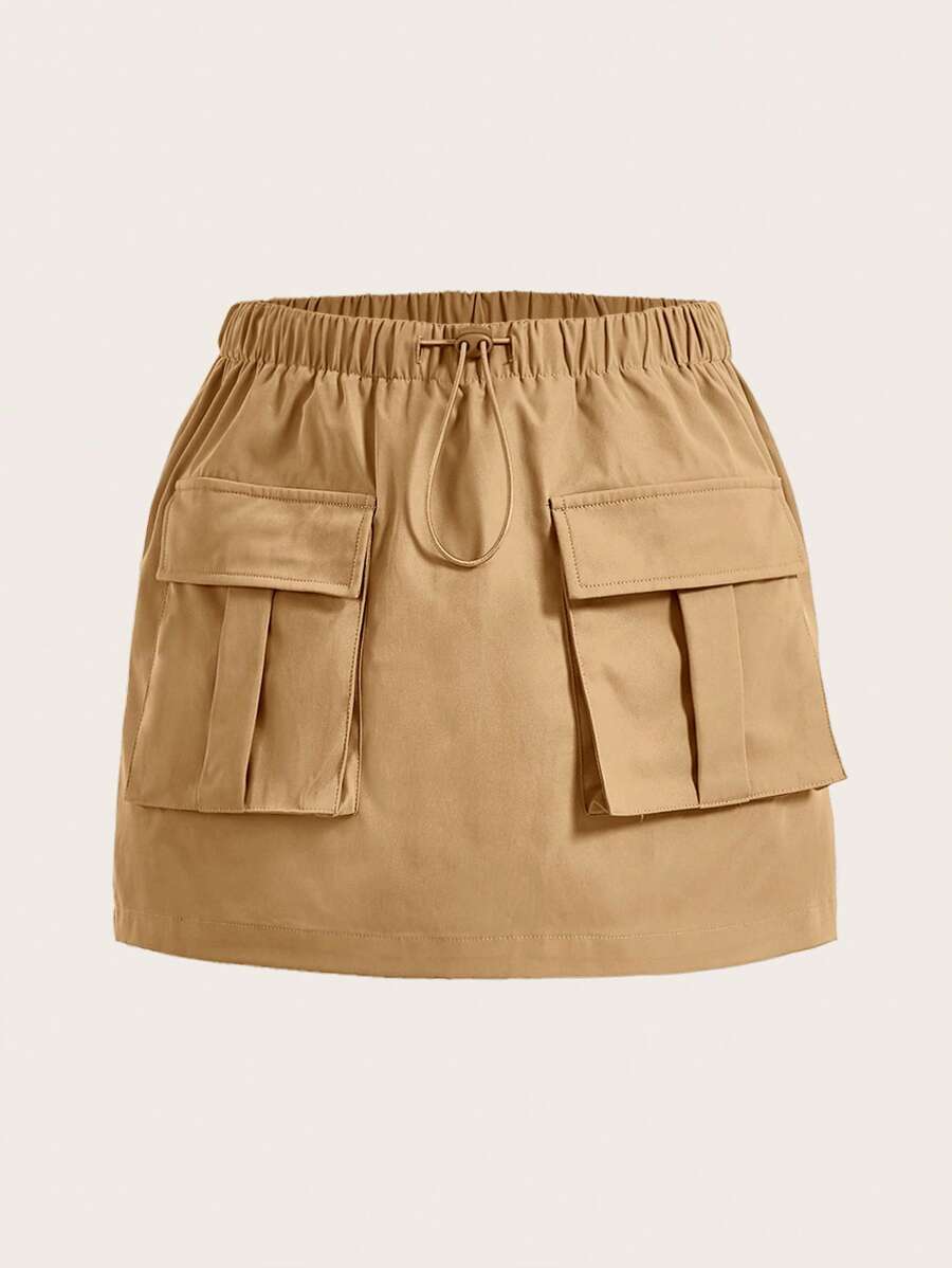 SHEIN EZwear Solid Color Flap Pocket Drawstring Waist Cargo Skirt - Khaki - View 1