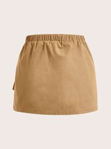 SHEIN EZwear Solid Color Flap Pocket Drawstring Waist Cargo Skirt - Khaki - View 2
