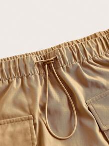 SHEIN EZwear Solid Color Flap Pocket Drawstring Waist Cargo Skirt - Khaki - View 3