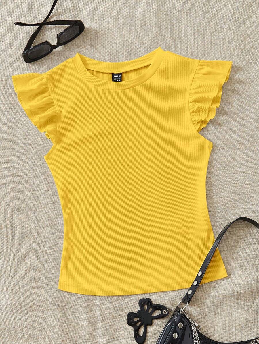 Soleia WYWH Vacation Ruffle Trim Ribbed Yellow Knit Tee - Yellow - View 1