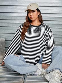 SHEIN EZwear Plus Striped Print Drop Shoulder Tee - Black and White - View 1