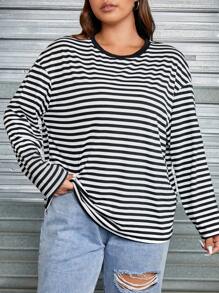 SHEIN EZwear Plus Striped Print Drop Shoulder Tee - Black and White - View 3