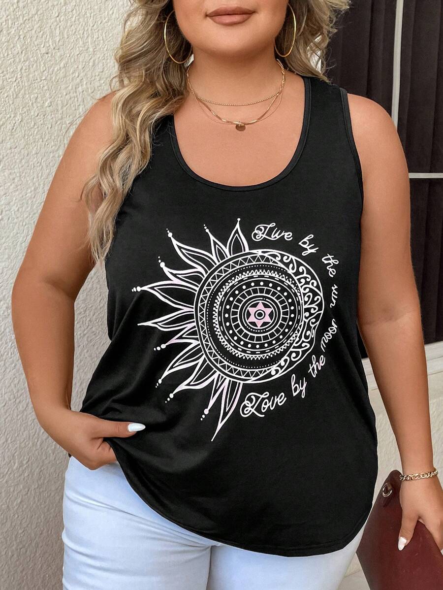 SHEIN LUNE Plus Geo & Slogan Print Tank Top - Black - View 1