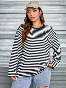 SHEIN EZwear Plus Striped Print Drop Shoulder Tee - Black and White - View 5
