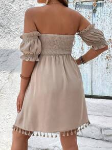 SHEIN VCAY Plus Off Shoulder Tassel Trim Dress - Khaki - View 2