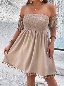 SHEIN VCAY Plus Off Shoulder Tassel Trim Dress - Khaki - View 3