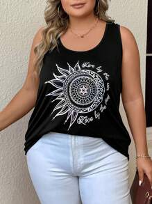 SHEIN LUNE Plus Geo & Slogan Print Tank Top - Black - View 5