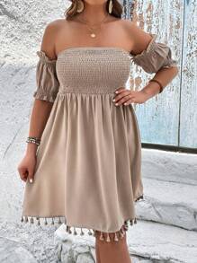SHEIN VCAY Plus Off Shoulder Tassel Trim Dress - Khaki - View 5