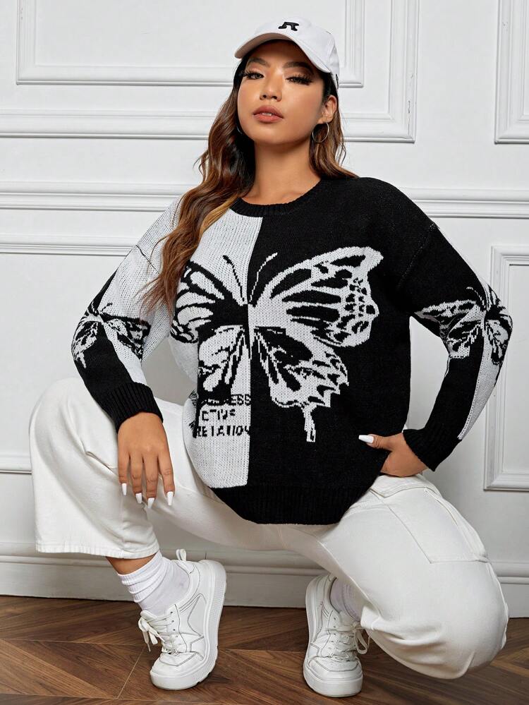 Plus Butterfly Pattern Drop Shoulder Sweater