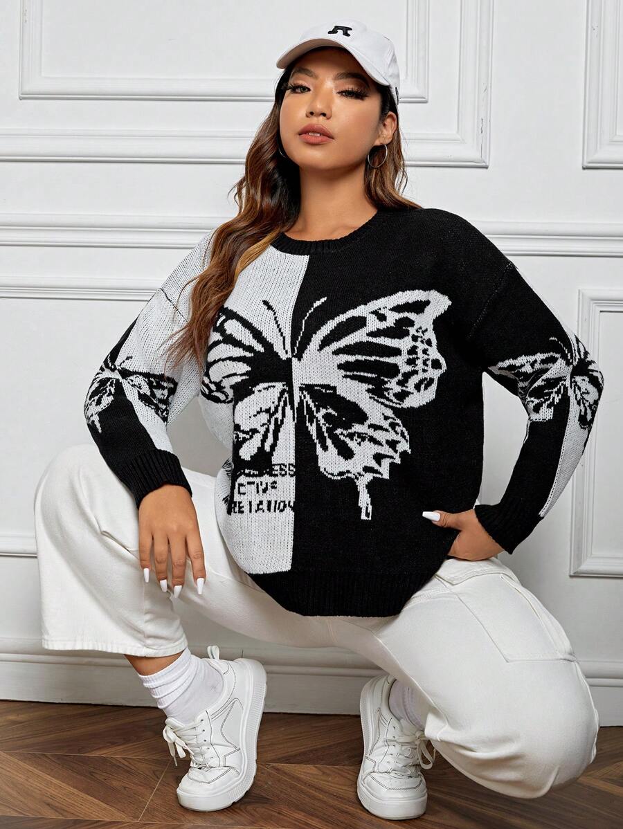 SHEIN EZwear Plus Butterfly Pattern Drop Shoulder Sweater - Black and White - View 1