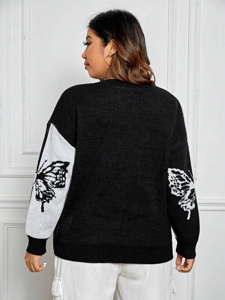 Plus Butterfly Pattern Drop Shoulder Sweater