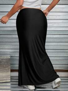 SHEIN EZwear 大碼高腰魚尾短裙 - 黑色 - 查看 2