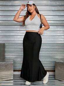 SHEIN EZwear 大碼高腰魚尾短裙 - 黑色 - 查看 5