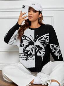 SHEIN EZwear Plus Butterfly Pattern Drop Shoulder Sweater - Black and White - View 5
