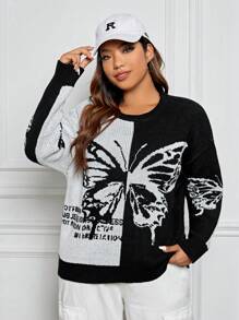 SHEIN EZwear Plus Butterfly Pattern Drop Shoulder Sweater - Black and White - View 7