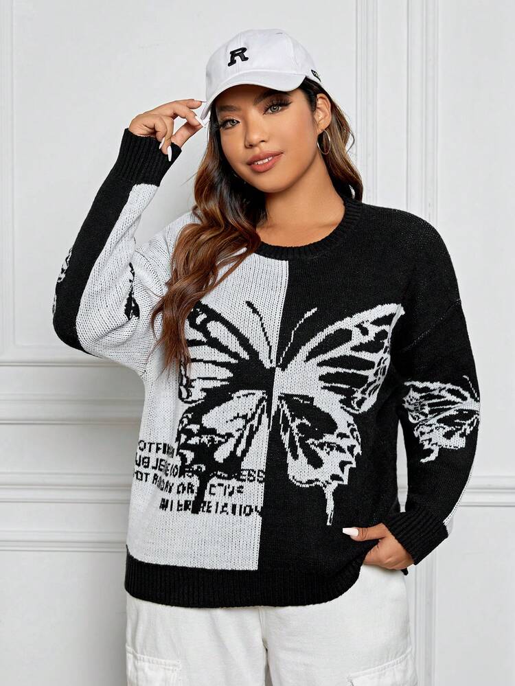 Plus Butterfly Pattern Drop Shoulder Sweater