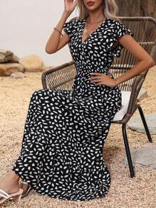 SHEIN LUNE Đầm Maxi In Hình Bướm Tay Phồng Viền Xếp Ly Trang Phục Nữ - màu đen - Xem 4