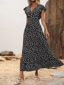 SHEIN LUNE Đầm Maxi In Hình Bướm Tay Phồng Viền Xếp Ly Trang Phục Nữ - màu đen - Xem 5