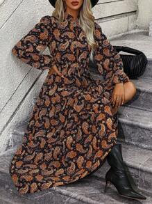 SHEIN LUNE Paisley Print Lantern Sleeve Ruffle Hem Dress - Multicolor - View 1