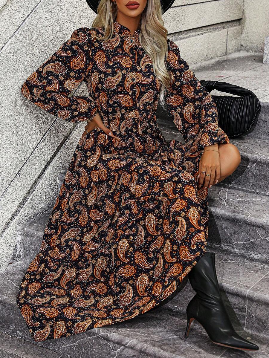 SHEIN LUNE Paisley Print Lantern Sleeve Ruffle Hem Dress - Multicolor - View 1