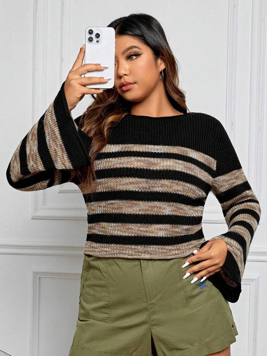 SHEIN EZwear Hơn Mẫu sọc Tay áo kèn  Áo len - Nhiều màu - Xem 1