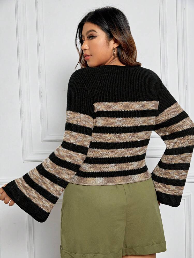 Plus Striped Pattern Trumpet Sleeve Sweater