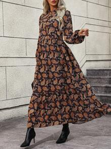 SHEIN LUNE Paisley Print Lantern Sleeve Ruffle Hem Dress - Multicolor - View 3