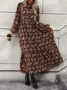 SHEIN LUNE Paisley Print Lantern Sleeve Ruffle Hem Dress - Multicolor - View 4