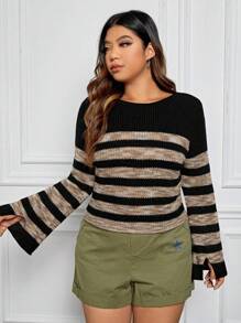 SHEIN EZwear Hơn Mẫu sọc Tay áo kèn  Áo len - Nhiều màu - Xem 4