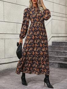 SHEIN LUNE Paisley Print Lantern Sleeve Ruffle Hem Dress - Multicolor - View 6