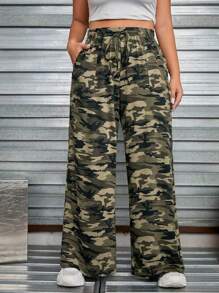 SHEIN EZwear 大碼迷彩印花腰部抽繩闊腿褲 - 彩色 - 查看 4