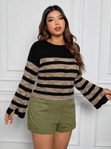 SHEIN EZwear Hơn Mẫu sọc Tay áo kèn  Áo len - Nhiều màu - Xem 5