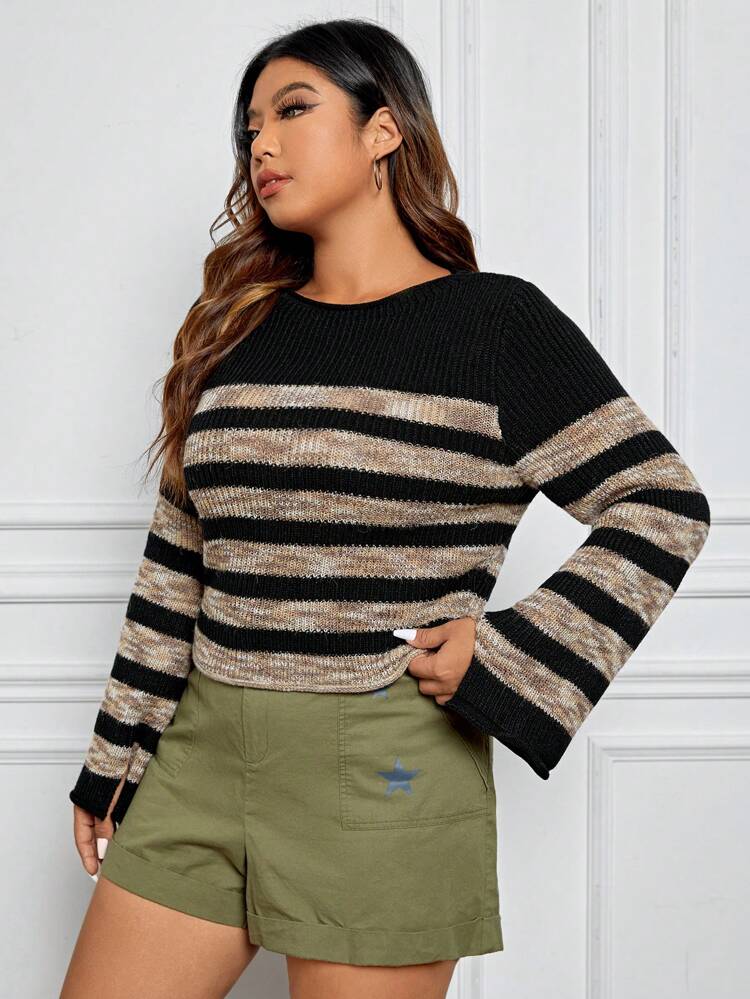 Plus Striped Pattern Trumpet Sleeve Sweater