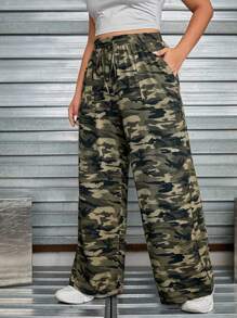 SHEIN EZwear 大碼迷彩印花腰部抽繩闊腿褲 - 彩色 - 查看 3